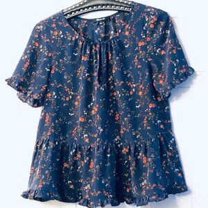 Madewell Silk Sz S Womens Peplum Blouse Short Sleeve Ruffle Navy/Multi Floral